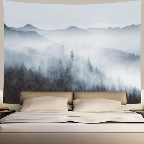 Black and White Misty Forest Tapestry Forest Trees with Mountain  (W59.1 × H51.2)