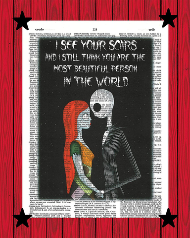 Jack and Sally I See Your Scars. Inspirational Quote Print Nightmare before Christmas Dictionary Art Print 8X10