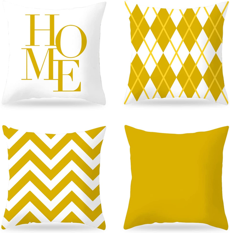 Yellow Geometric Modern Pillows Home Decoration Cotton Linen Square Set of 4 Home Decor Pillow Covers Farmhouse Fall Throw Pillow Covers Sham for Living Room Decor 18X18 Inches