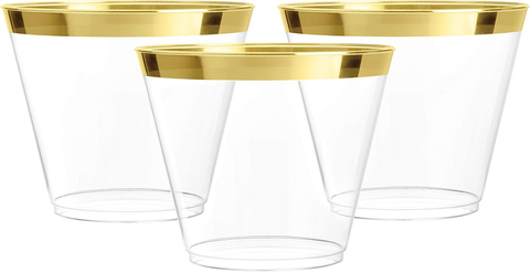 100 Gold Plastic Cups | 9 Oz | Hard Disposable Cups | Plastic Wine Cups | Plastic Cocktail Glasses | Plastic Drinking Cups | Bulk Party Cups | Wedding Tumblers | Clear Plastic Cups
