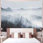 Black and White Misty Forest Tapestry Forest Trees with Mountain  (W59.1 × H51.2)