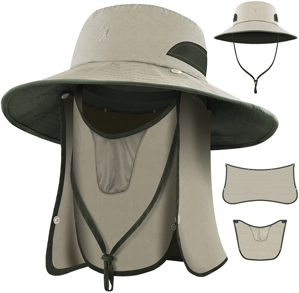 Khaki Funky Sun Protection Hat, Men's Hat For Men Wide Brim Hiking Neck Flap Fishing Hat With