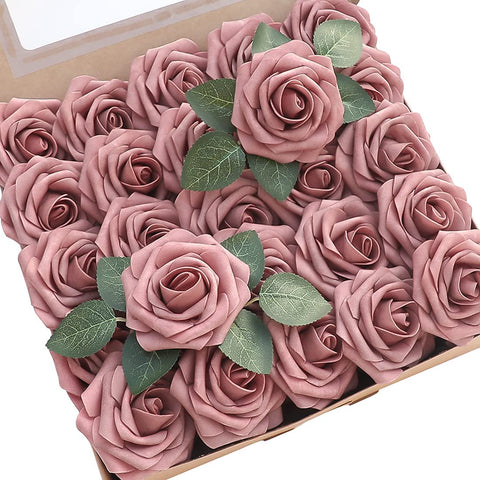 Floroom Artificial Flowers 25Pcs Real Looking Dusty Rose Foam Fake Roses with Stems for DIY Wedding Bouquets Bridal Shower Centerpieces Floral Arrangements Party Tables Home Decorations